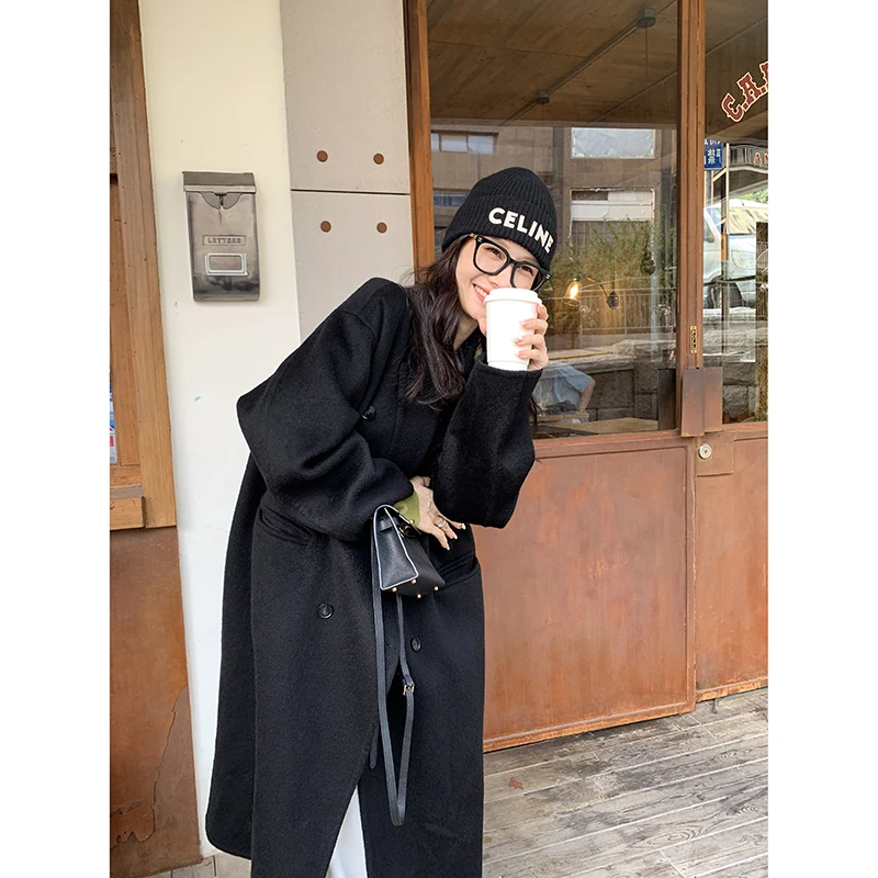 100% 양모! 양면 울 코트, 가을과 겨울용 중간 길이 두꺼운 울 코트, 여성용 신상품 2025