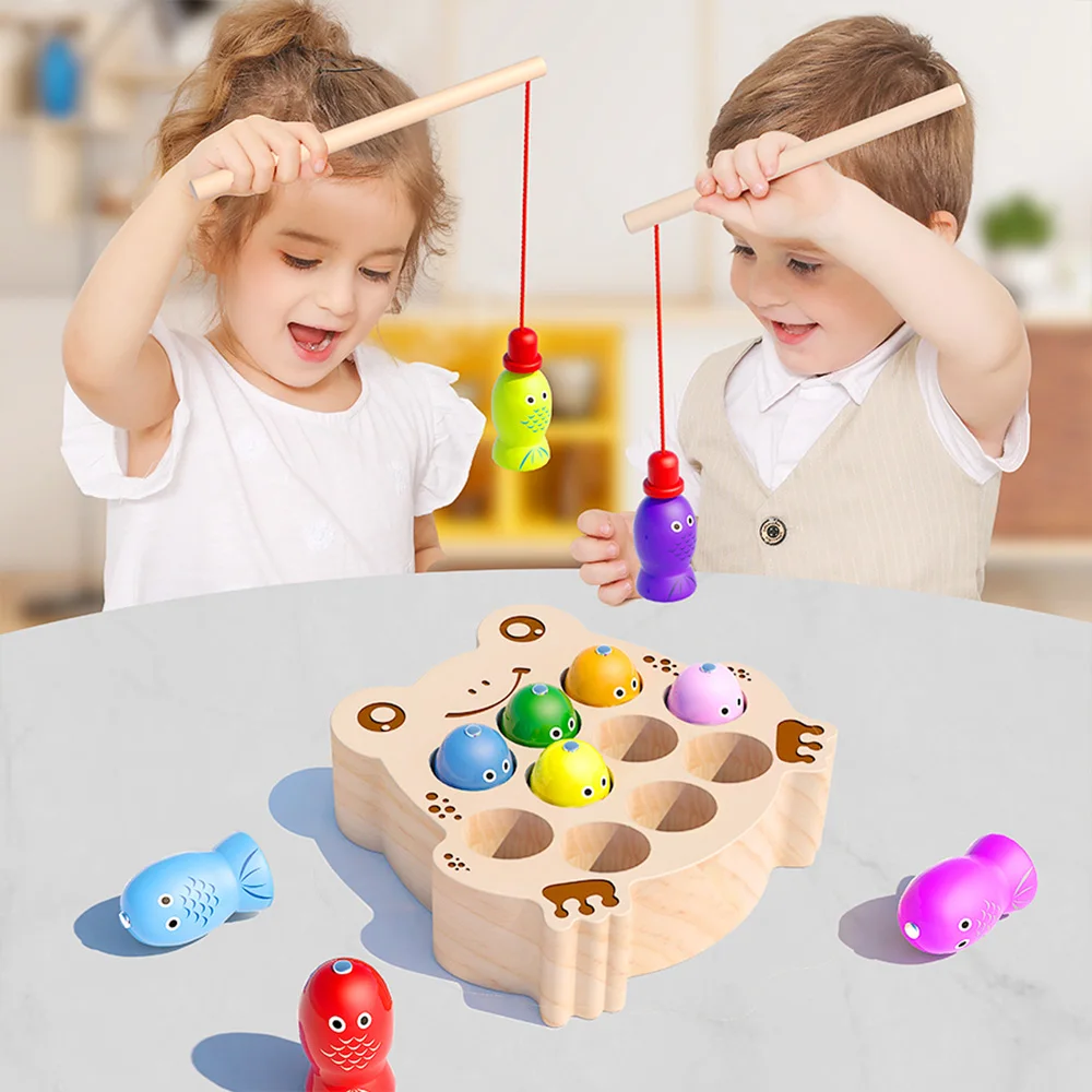 Children\'s Wooden Fishing Toys Magnetic Fishing Game Montessori Intellectual Playsets Fine Motor Skills Training Boys Girls Gift