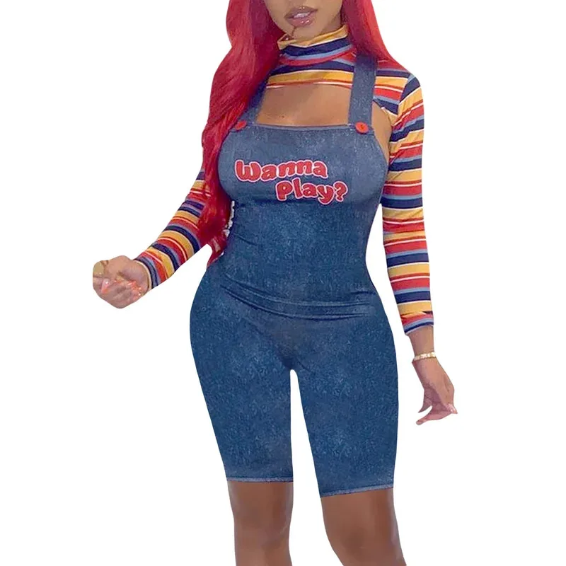 Zweiteiliges Set für Frauen, gruselige Albtraum-Mörder-Puppe, möchte Filmcharakter-Body, Chucky-Puppe-Kostüm, Cosplay-Overall spielen