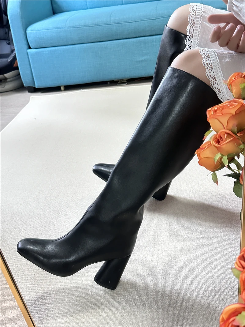 Meotina Women Genuine Leather Knee High Boot Square Toe Block High Heels Zipper Long Boots Ladies Fashion Shoes Autumn Winter 43