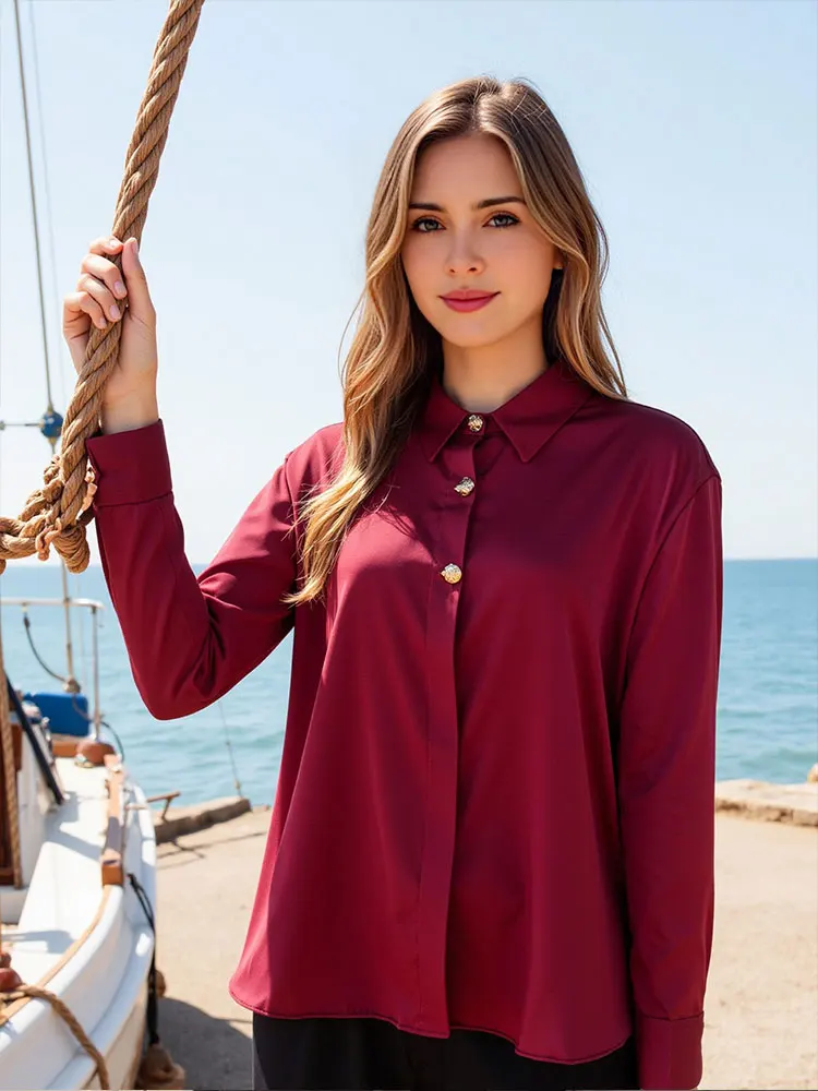 HH Frauen Mode Weinrote Bluse Vintage Gold Knopf Langarm Hemd 2025, Frühling Sommer Weibliche Formale Büro Casual Top