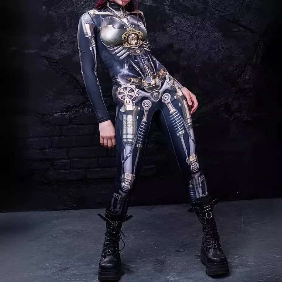 

Cosplay Cyber ​​Mechanical Armor Punk Robot Women Bodysuit Water Texture Printed Tights Halloween Party Costume