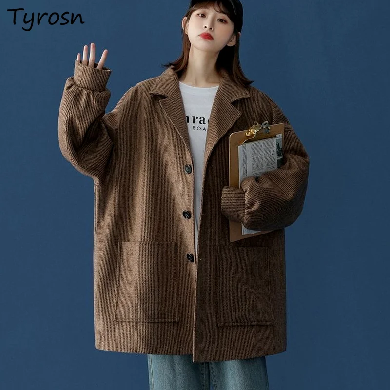 

Women Wool Blends Coats Harajuku Solid Bf Japan Style Chic Leisure Thickening Retro Daily Warm Outwear Hipsters Simple Elegant