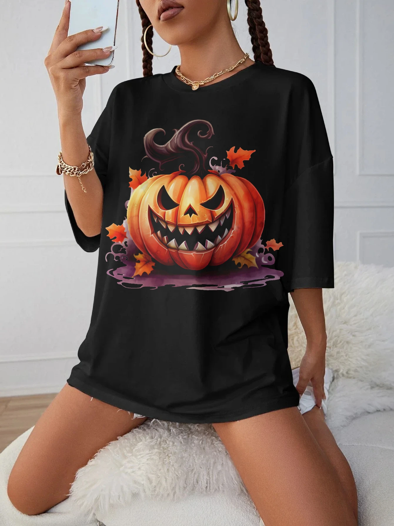 

Scary Halloween Pumpkin Women's Maternity T-Shirt Black Round Neck Loose Fit Comfortable Winter Wear for Late Pregnancy