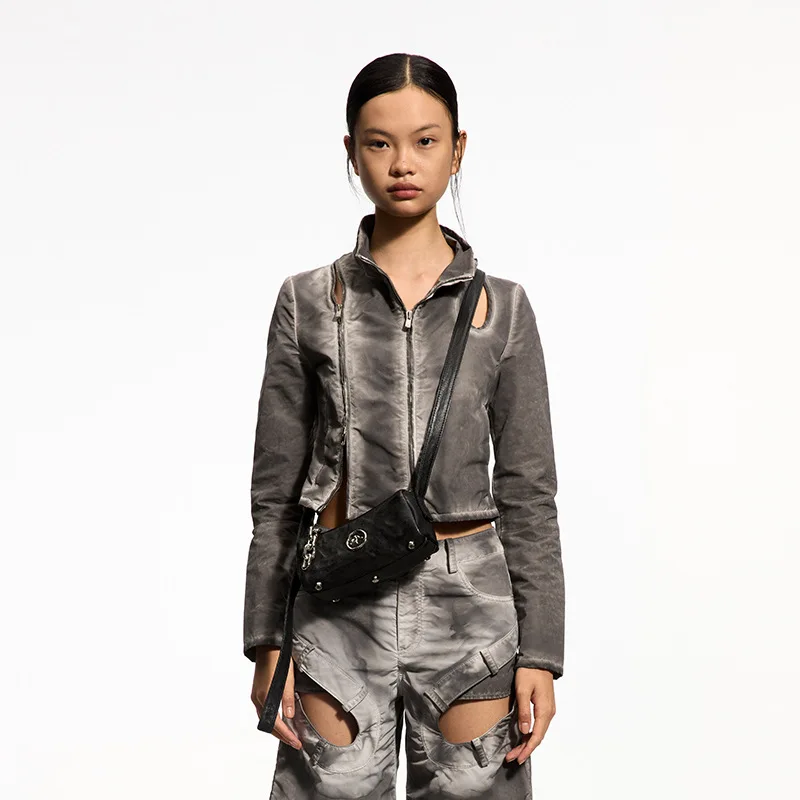 GROTTO Fashion 2025 New Genderless Black Stone Mini Wrinkled Genuine Leather Shoulder Bag