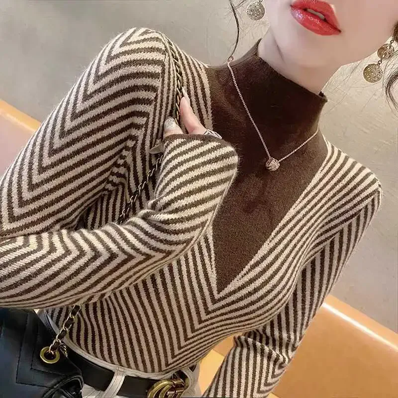 

Women Clothing Fashion Slim Fake V-neck Knit Pullovers Autumn Winter Vintage All-match Mock Neck Sweaters Office Lady Y2k Tops