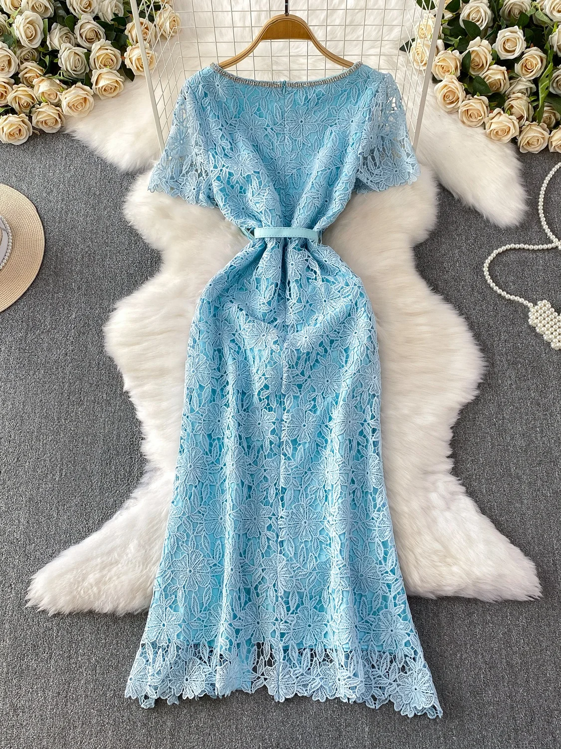 Ele Diamond Embellied Lace Dr Women's Summer High Waist ort Sve Ele Ball Gown Sle Dres