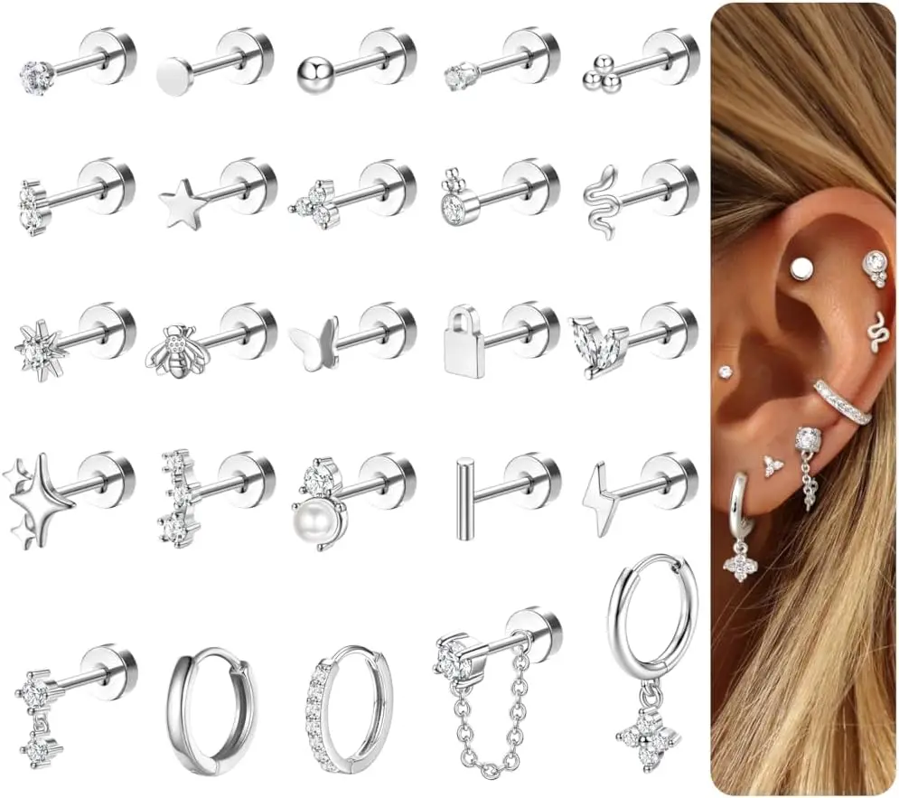 

Bobisty 1pc Earrings for Sensitive Ears Surgical Stainless Steel Earrings for Women Dainty Flat Back Earring Stud Hoop Cartilage