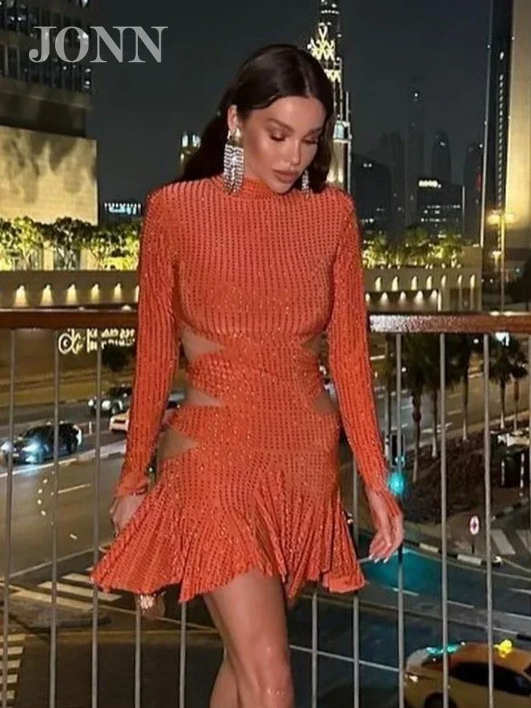 

JONN Sexy Long Sleeve Cutout Shiny Diamonds Mini Dress Women Orange O Neck Lace-up Pleated Slim Celebrity Party Evening Gown