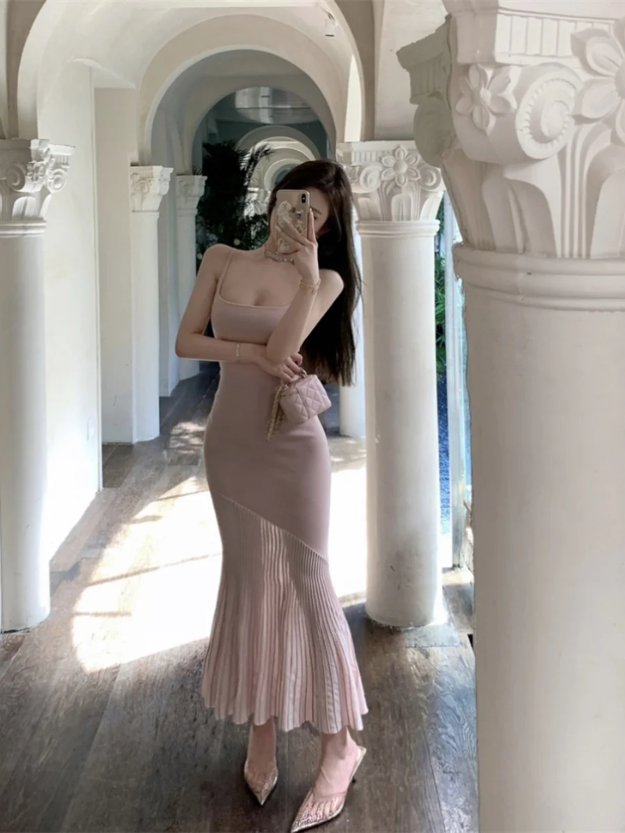 กระโปรงทรงบอดี้คอนสีชมพูใสแบบโปร่งแสง รุ่น Dopne ing f-Transparent Pure Desire Pink Fi Tail Strapl Dr สำหรับผู้หญิง ฤดูร้อน ช่วยให้ดูผอมเพรียว สไตล์เฮปเบิร์น S...