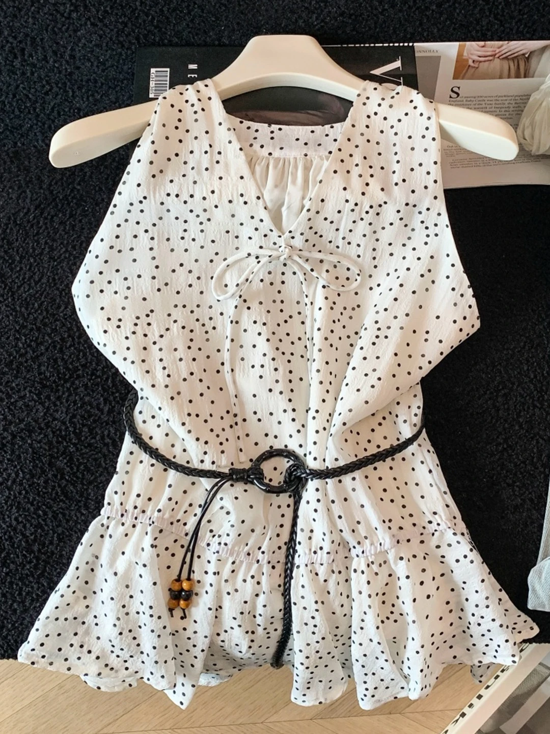 

Summer Vintage Versatile V-Neck Sleeveless Women's Chiffon Top Slimming Design Knot Waist Loose Fit Fashionable Shirt Dress