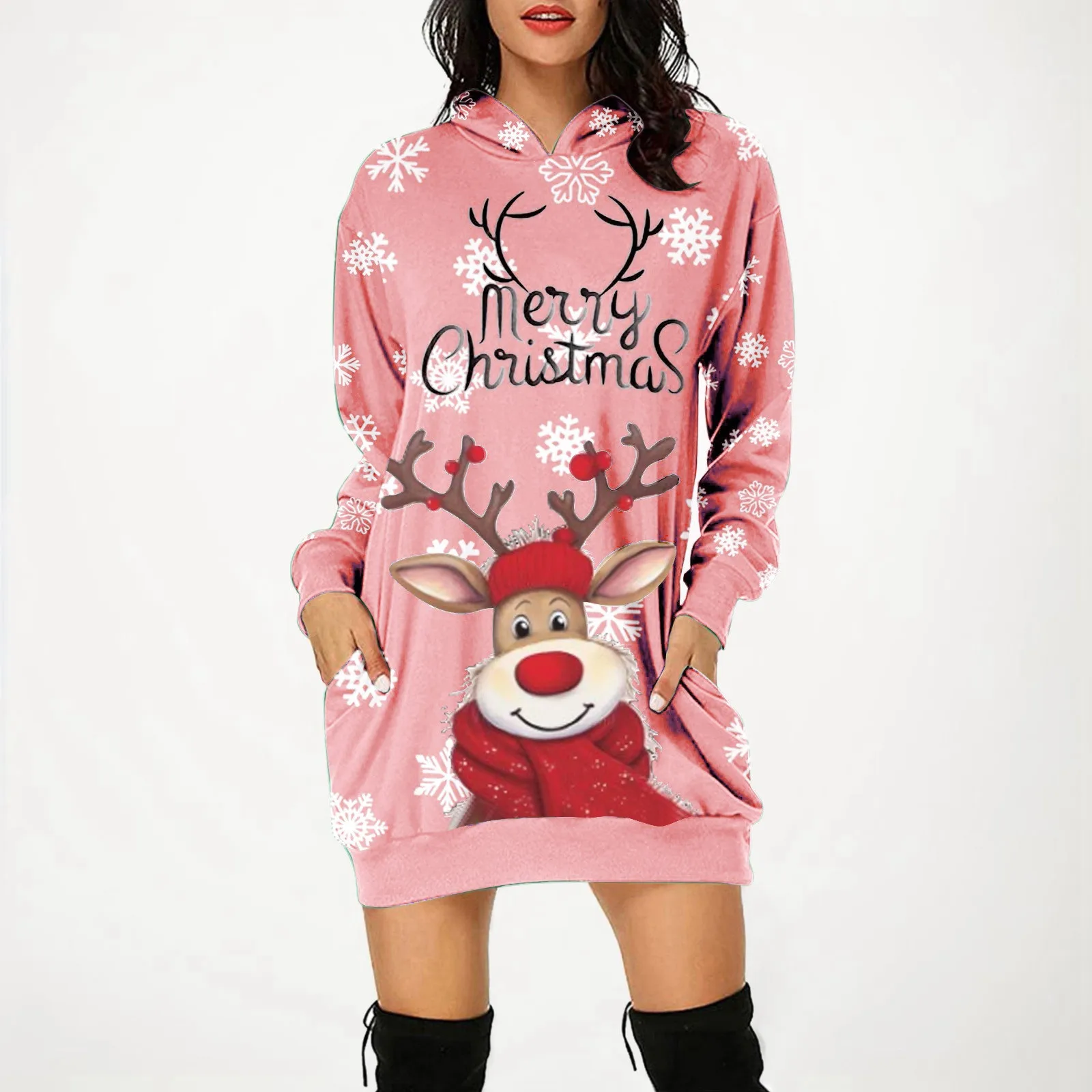 

Christmas Women's Casual Elk Print Long Sleeve Pocket Hoodie Loose Dress Female Clothing New Autumn Woman Sexy Pullover Dresses