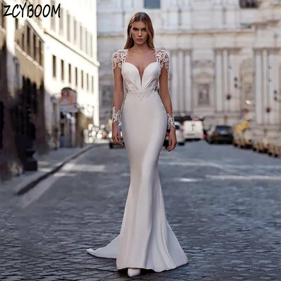 

Customized Elegant Lace Appliques Soft Satin Mermaid Wedding Dresses 2023 Illusion V Neck Backless Sweep Train Tulle Bridal Gown