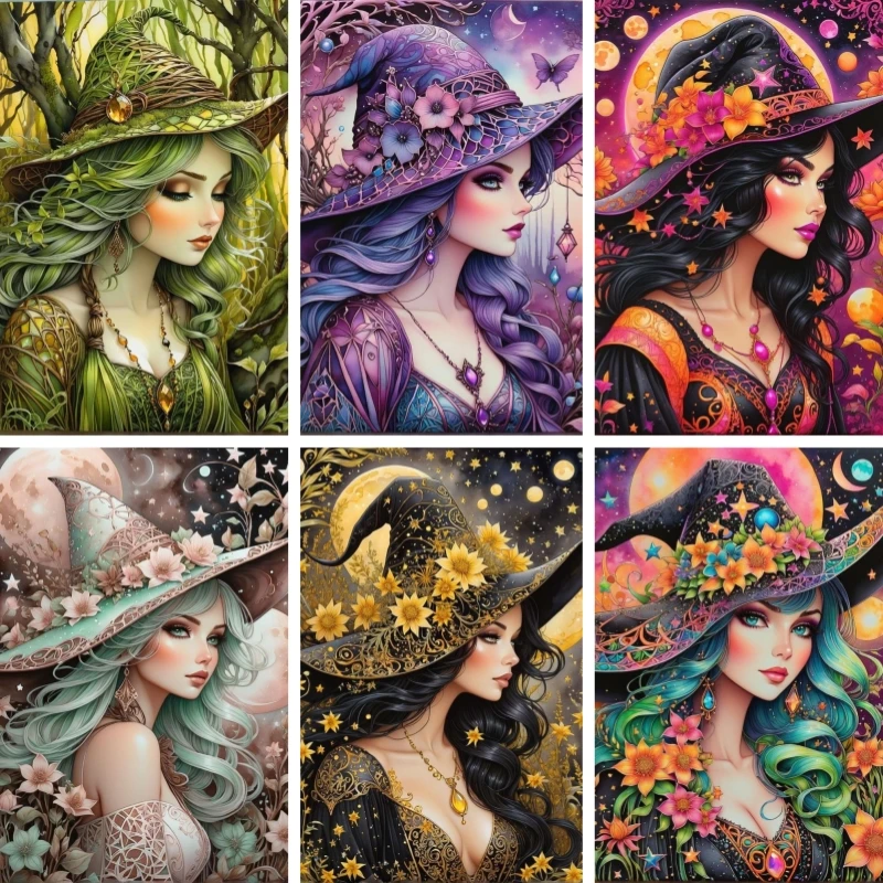 5D Diamond Painting Flower Witch Hat Girl Kit Crafts Decor Mysterious Witch Perles Diamant Witchcraft Lover Gift, Gift for Her