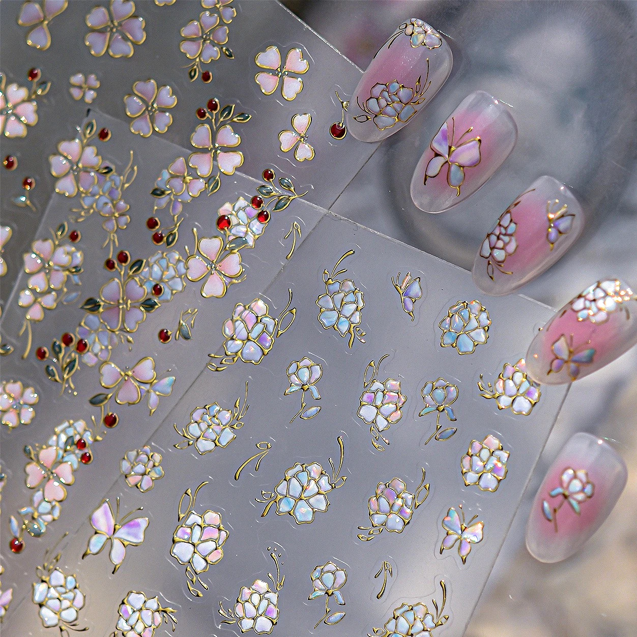 Encanto flor de melocotón flor rosa loto elegante mariposa copo de nieve perla Bowknot exquisitos pegatinas para decoración de uñas herramienta de manicura calcomanías