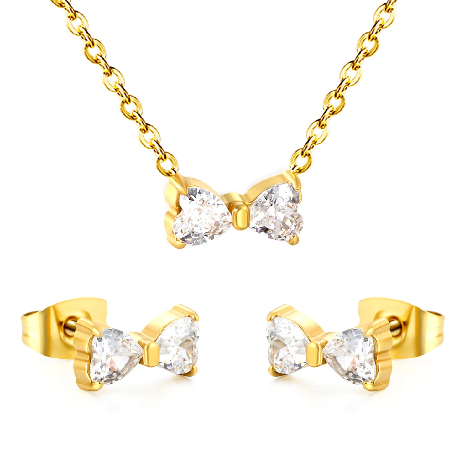 Süßes und süßes Halsketten- und Ohrring-Set mit Schleifenanhänger für Mädchen, Edelstahlschmuck für Dating, modische Outfit-Accessoires