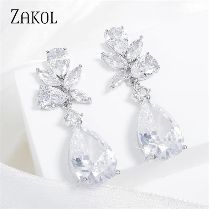 ZAKOL Fashion Wedding Earrings for Women Water Drop Cubic Zircon Dangle Earring Shinny Leaf Bridal Marriage Jewelry Wholesale