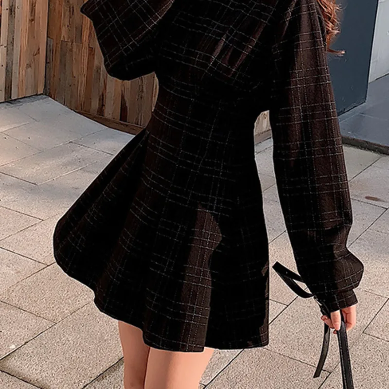 HKSH New Women Short Dress Long Sleeve Plaid Waist Cinching A-line Dark Style Elegant Trendy Y2K Vinatge Fashion Dresses HK10208
