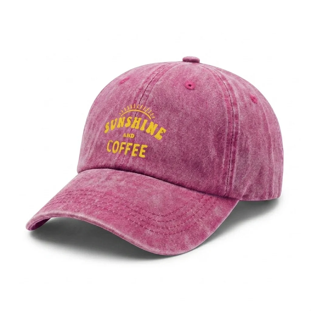 Adjustable Unisex Sunshine and Coffee Quote Baseball Cap, Vintage Washed Dad Hat, Coffee Lover Gift for Men and Women