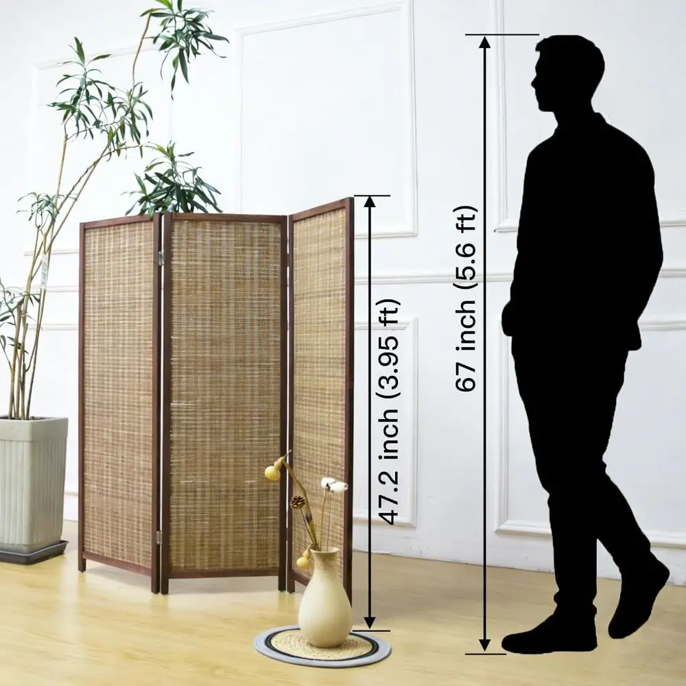 3 Panel Tall Room Divider, Espresso Brown, Bamboo Style, Compact for Small Spaces