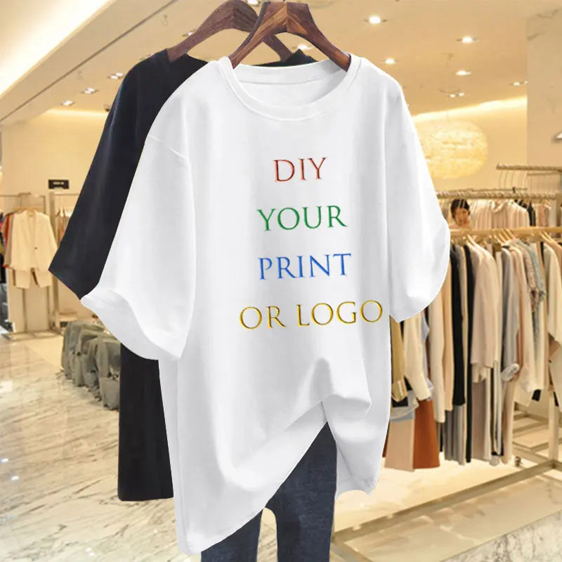 DIY Your like Photo or Logo Women Clothing Fashion Cotton O-neck Short Sleeve T-shirt Summer Casual Loose Oversized Top Tee