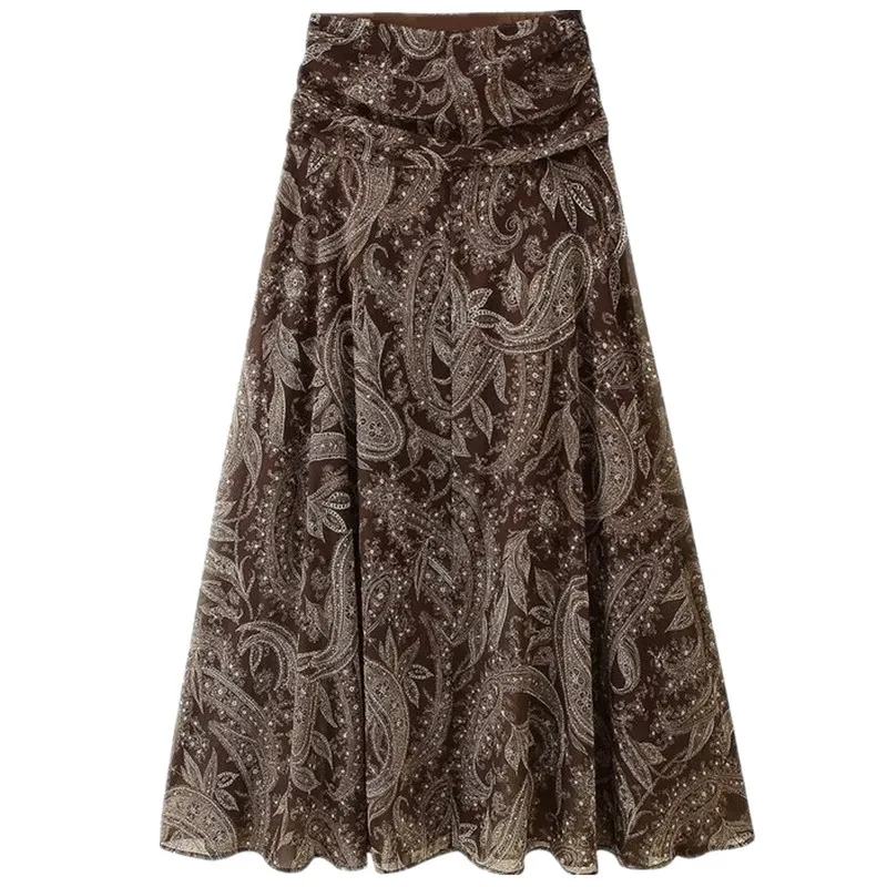 Faionable Midi Rok 2025, Herfst Nieuwe Sle Dameskleding Veelzijdige mid Taille Chiffon Print Maxi f-lengte Rok