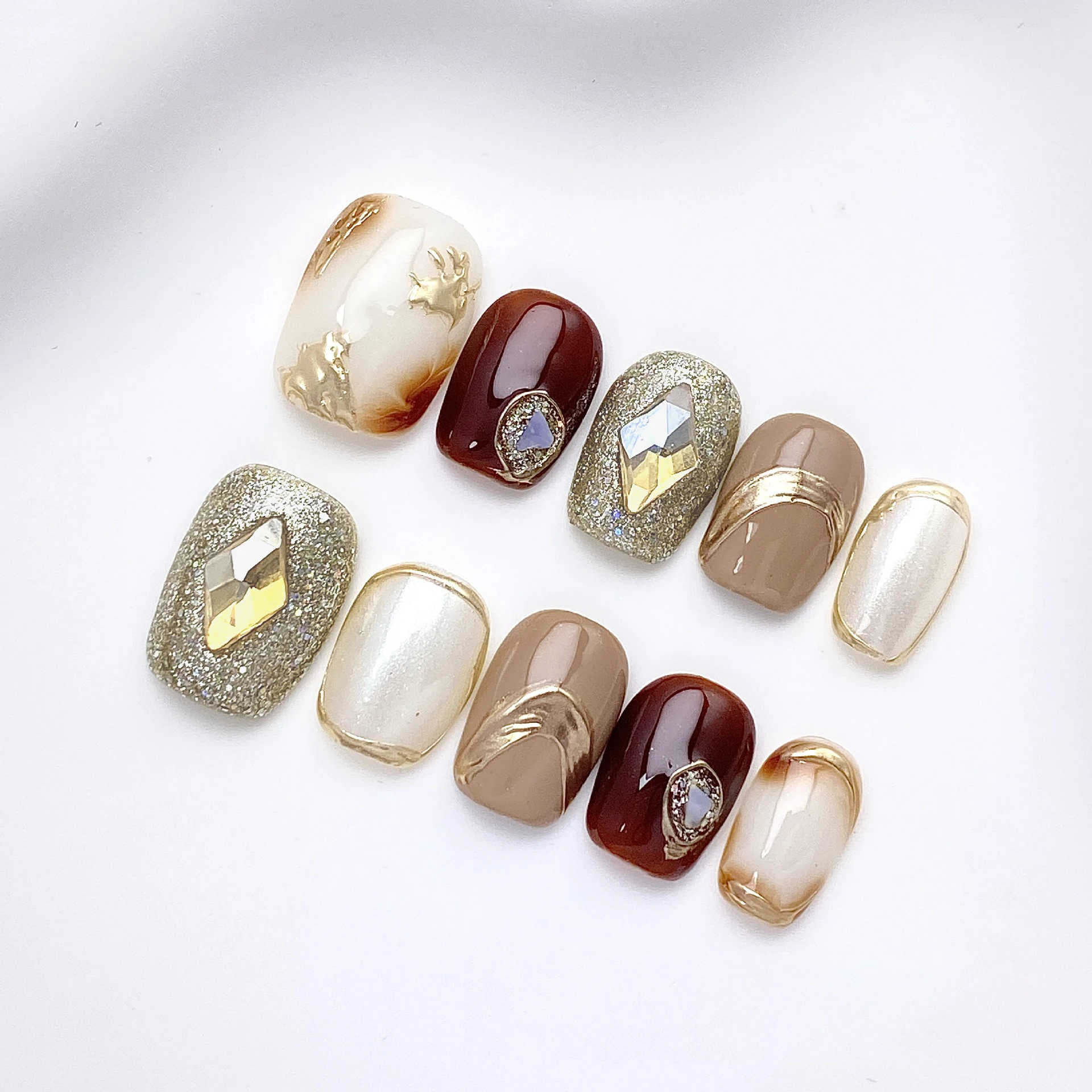 Nail Art Glitter - 10 Stück handgemachte braune Glitzer-Press-on-Nägel, quadratisch,