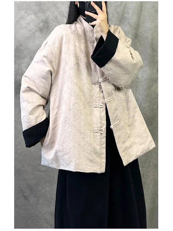 

Retro Chinese Sle Women's Cotton Jaet Loose Fit Warmth Comfortable New Autumn Winter Coat Long Sve Stand Collar Button