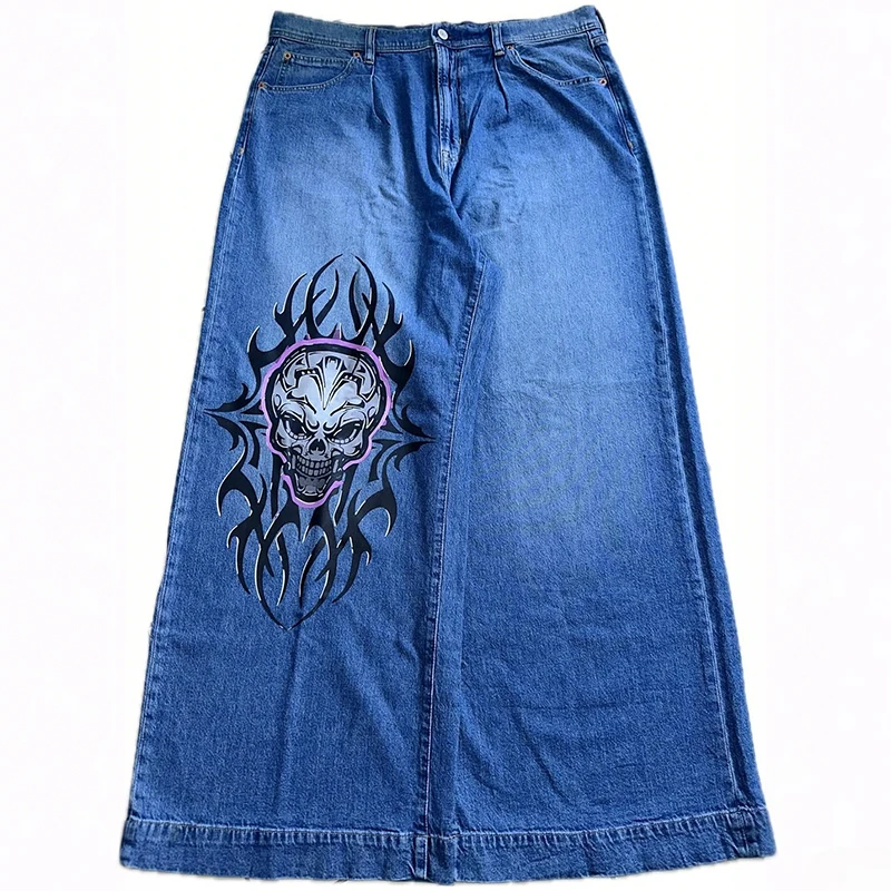 

Y2K Fashion Vintage Jeans Skull Flame Pattern Printing High Waist Loose Wide Leg Jeans Trend Men Women Comfort Casual Streetwear