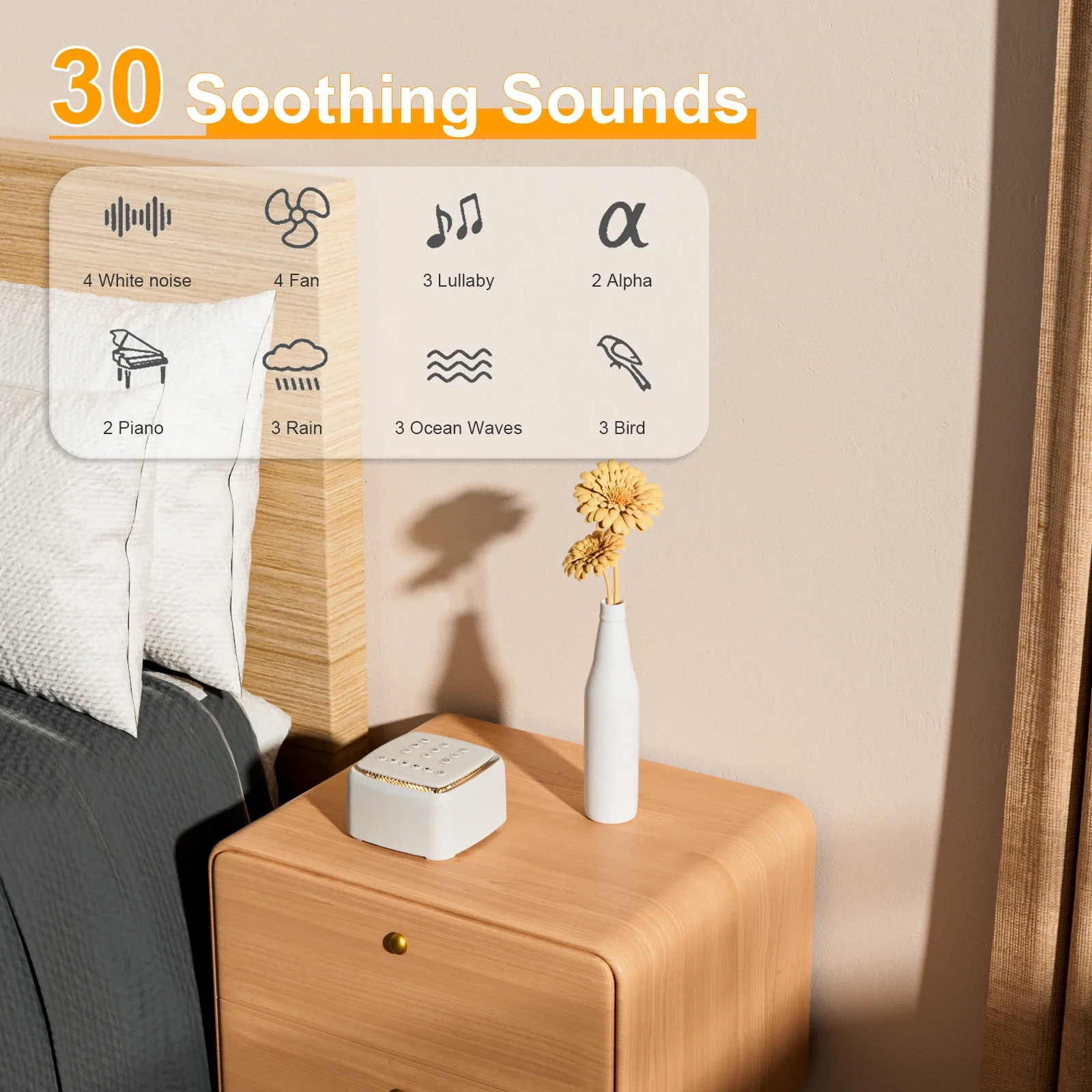 30 Soothing Sounds and Warm Light for Sleeping,White Noise Machine,Powerful Battery 30 Hour Play Sound Machine for Baby Adults