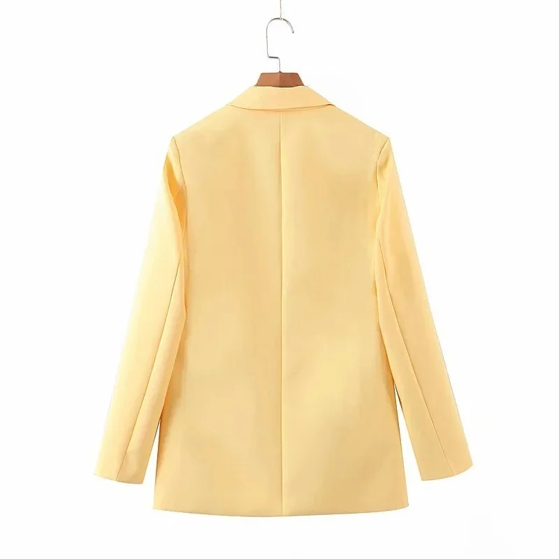 Gele Britse Stijl Blazer 2024 Vrouwen Effen Kleuren Double Breasted Casual Kantoor Blazer Pak Nieuwe Mode Werk Woon-Werkkleding