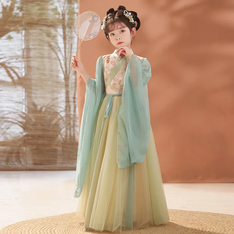 Hanfu Girls Spring 2024 New Tang Dress Traditional Chinese Dresses Children's Ancient Costume Fashion Princess Style Gauze Skirt