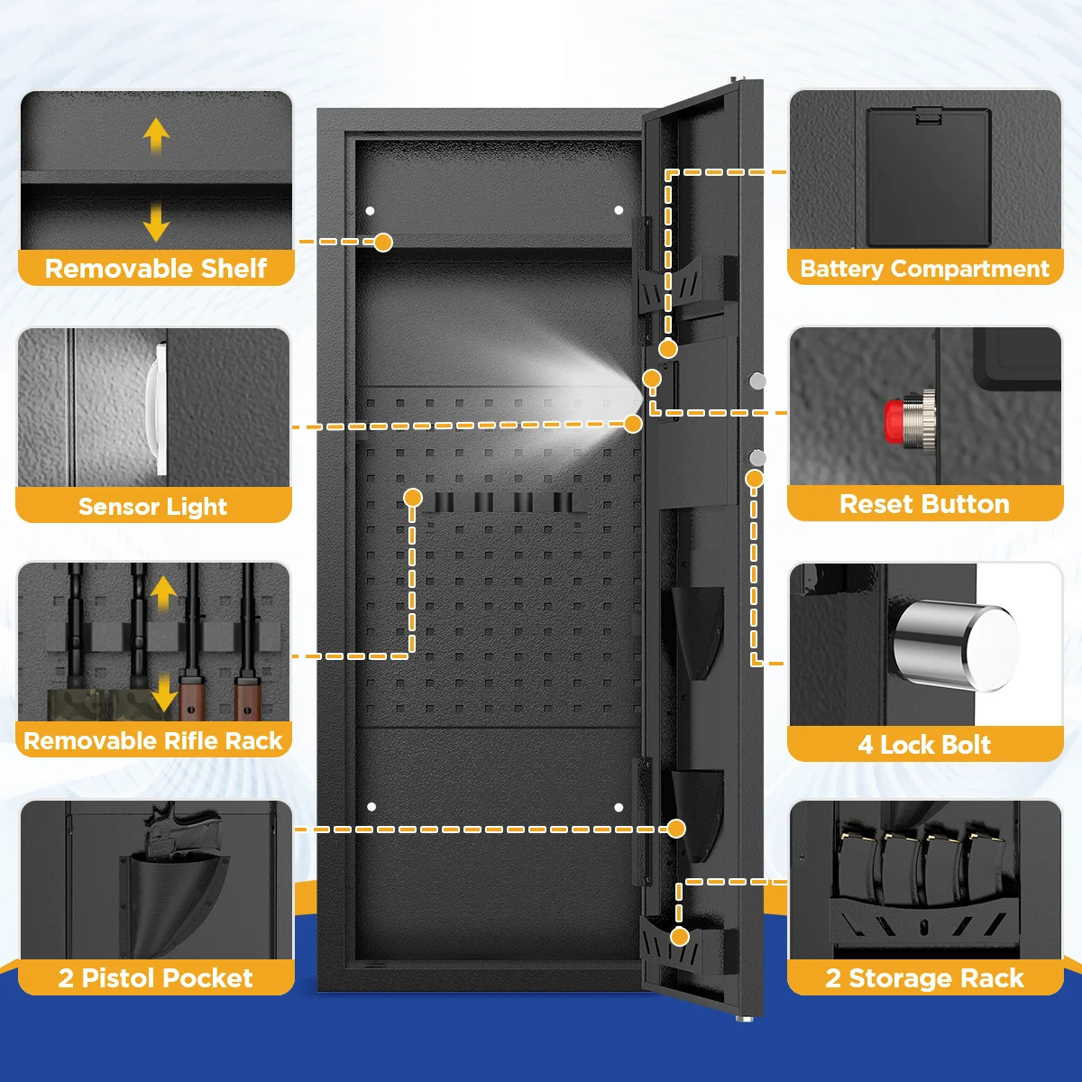BESAFETY 12-15 Gun Cabinet, for Home Storage, Quick Access safe with Alarm System, Rifles & Pistols, Digital Keypad