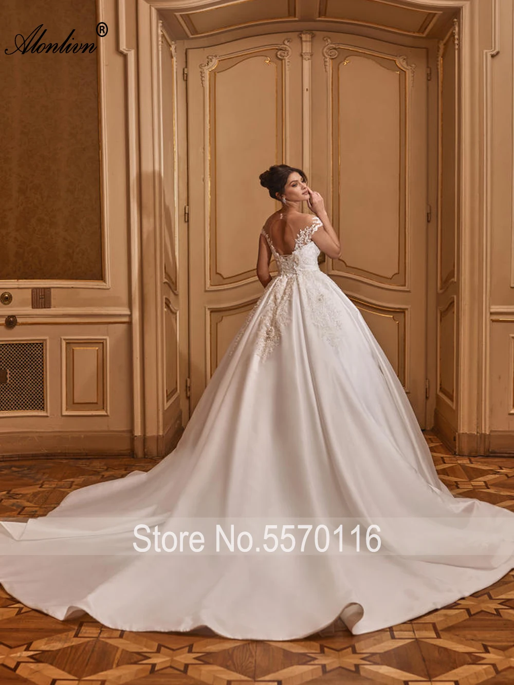 Alonlivn Customize Made Short Sleeve  A Line Wedding Dresses Beading Lace Of Corset Back Princess Satin Bridal Gowns