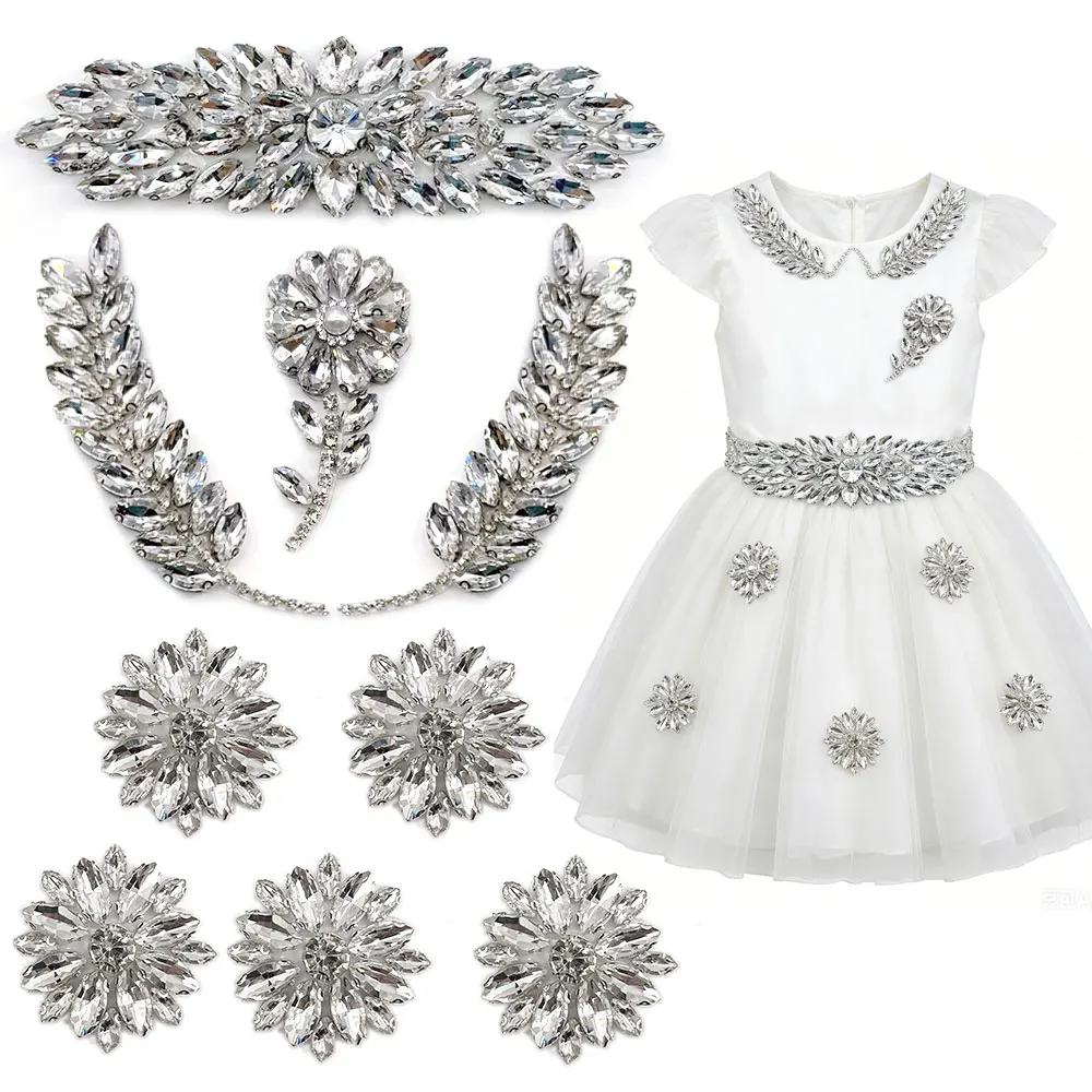 hotfix rhinestones Silver Clear Crystal Rhinestone Applique Beaded Patches for Wedding Dress Bridal Shoes