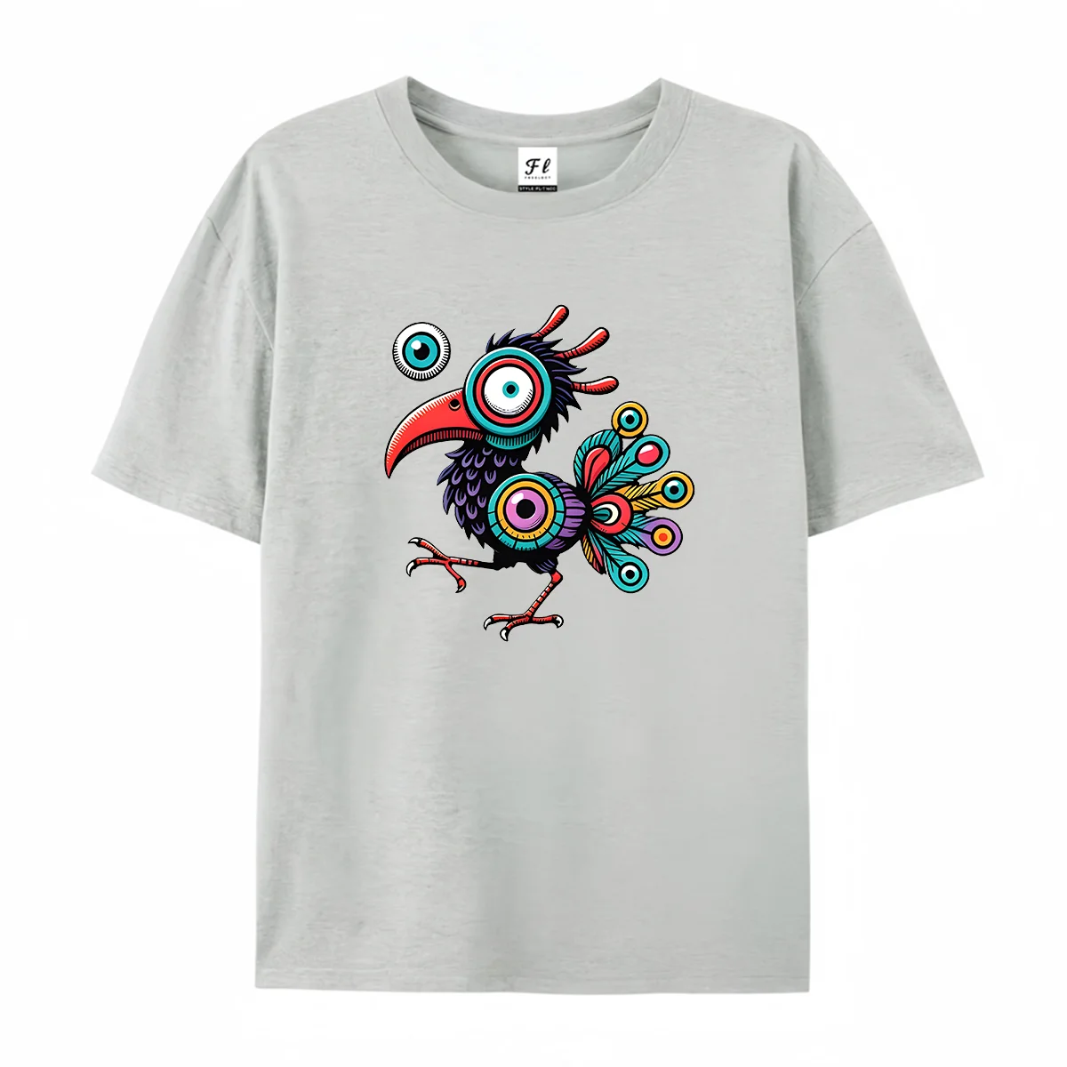 Women Round Neck T Shirt Fantasy Colorful Monster Bird Graphic Tee Casual Short Sleeve Tops Ethnic Hand Drawn Art Pattern Summer