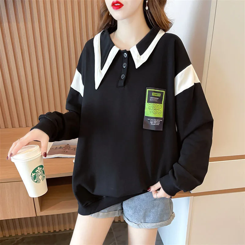 

New Autumn, Spring, and Autumn Fashion Trend Patchwork Contrast Polo Collar Thin Loose Versatile Simple Female Student Sweater