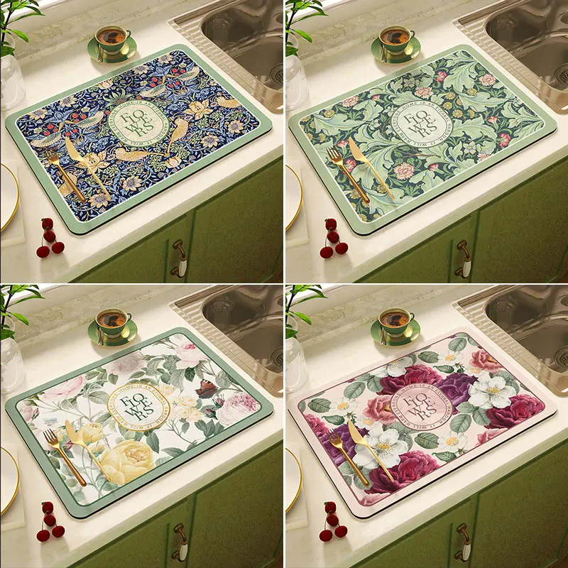 Flower Printed Diatom Dish Drying Mat Kitchen Tableware Coffee Drain Pad Dinnerware Cup Placemat Super Absorbent Drainage Rug