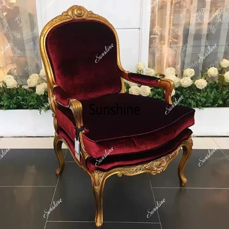 French retro solid wood carving flower golden sofa chair, light luxury, living room fabric
