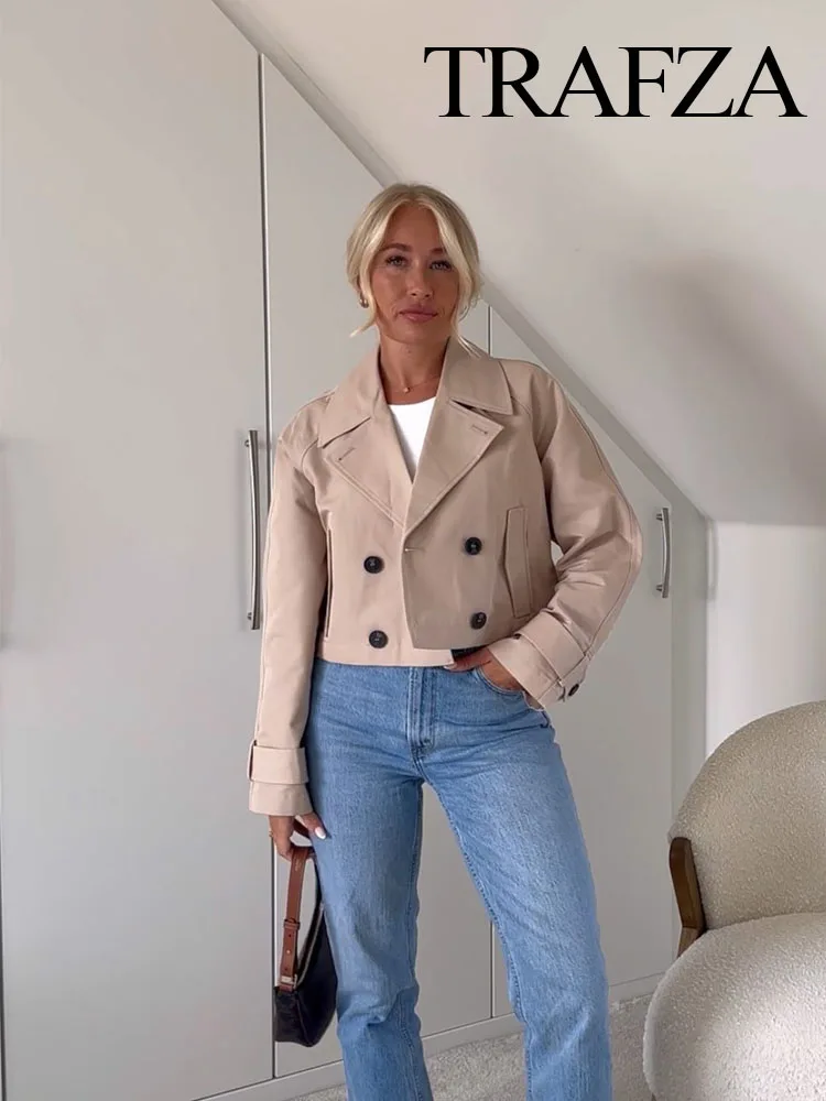 TRAFZA, gabardina corta elegante para mujer, chaqueta lisa de manga larga con doble botonadura, abrigo Vintage con diseño de bolsillo y solapa a la