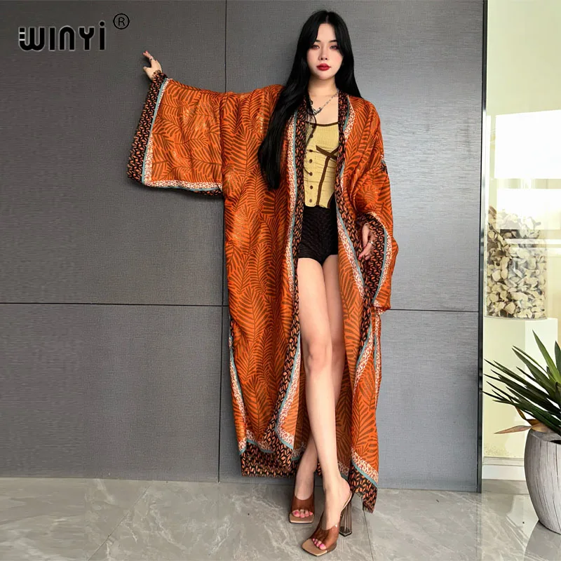 2024 Summer WINYI boho kimono fashion dress beach wear cover-up elegant Cardigan beach outfits for women Hot stamping print coat