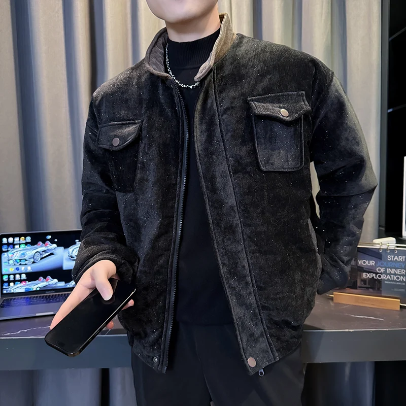 

2025 Winter Korean Stand Up Collar Suede Warm Cotton Jacket Men Fashion Solid Color Casual Puffer Thick Parkas Hiphop Overcoat