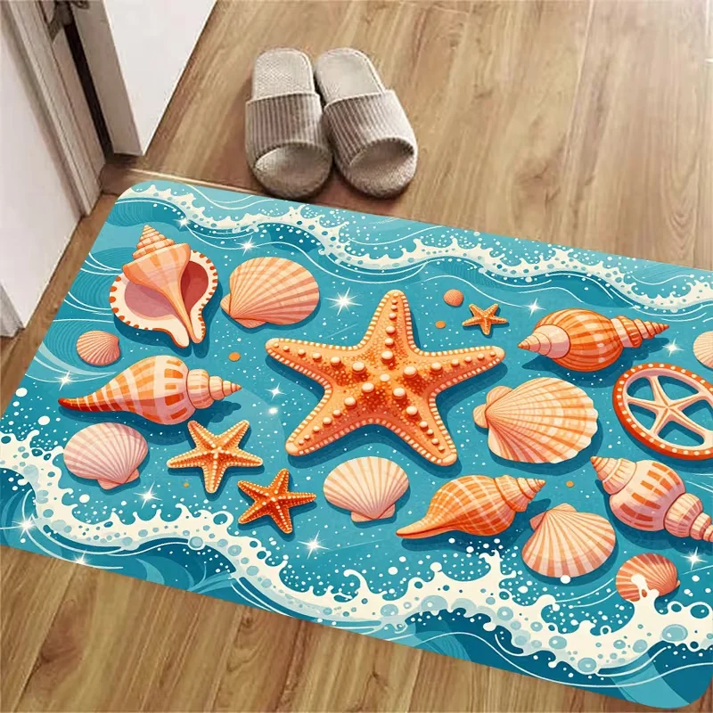 Ocean Wave Starfish Seashell Entryway Doormat Vibrant Seaside Marine Print Non Slip Floor Rug For Front Door Coastal Home Decor