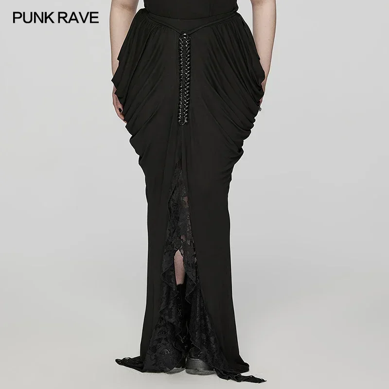 

PUNK RAVE Women's Gothic Knitted and Lace Hip Side Designed Pleat Long Skirt Elegance Personality Party Club Black Skirts