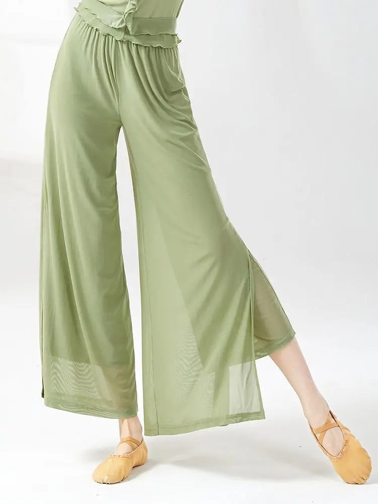 Summer Womens Classical Dance Pants Transparent Wide Leg High Waist Trousers Loose Double layer Mesh Sheer Pants Trousers Z397