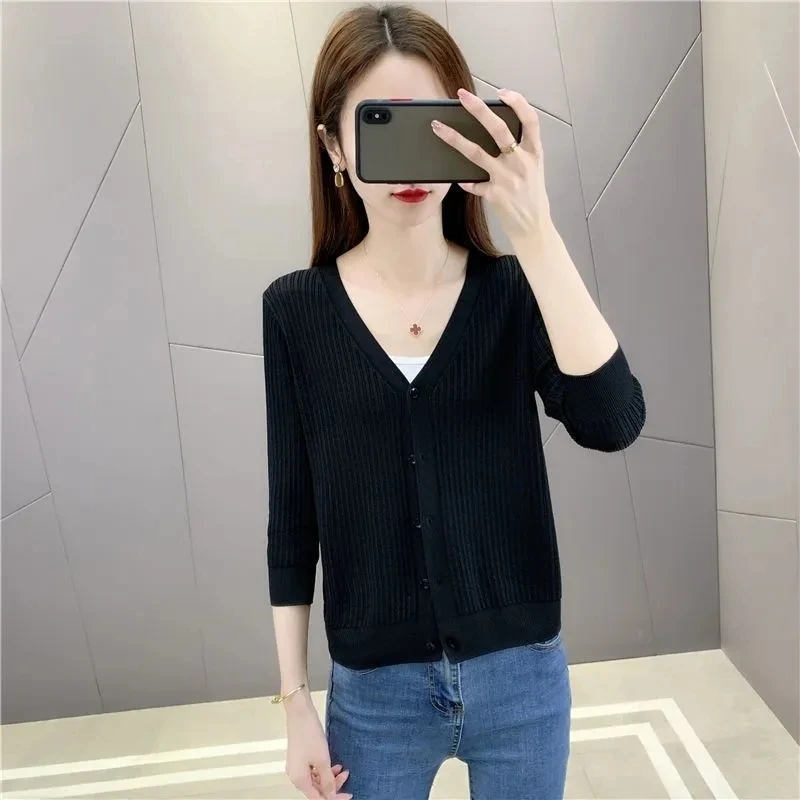 Plus Size Women\'s Knitted Cardigan Summer Thin Ice Silk Solid Short Loose V-Neck Sun Protection Hollow Top Ropa De Mujer Ofertas