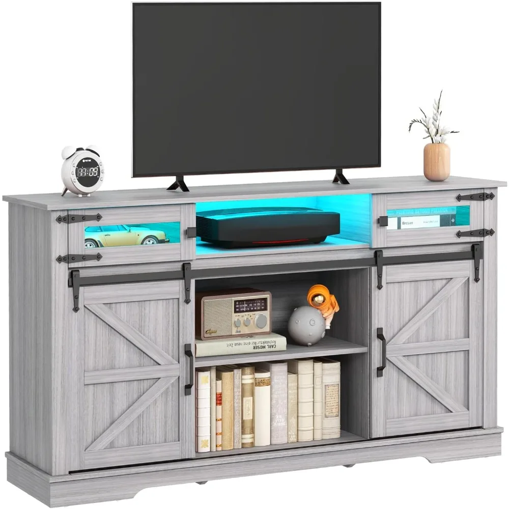 

Farmhouse TV Stand with LED Lights for 65+ Inch TV, 33" Tall Entertainment Center with Storage and Sliding Barn Doors, Media Con