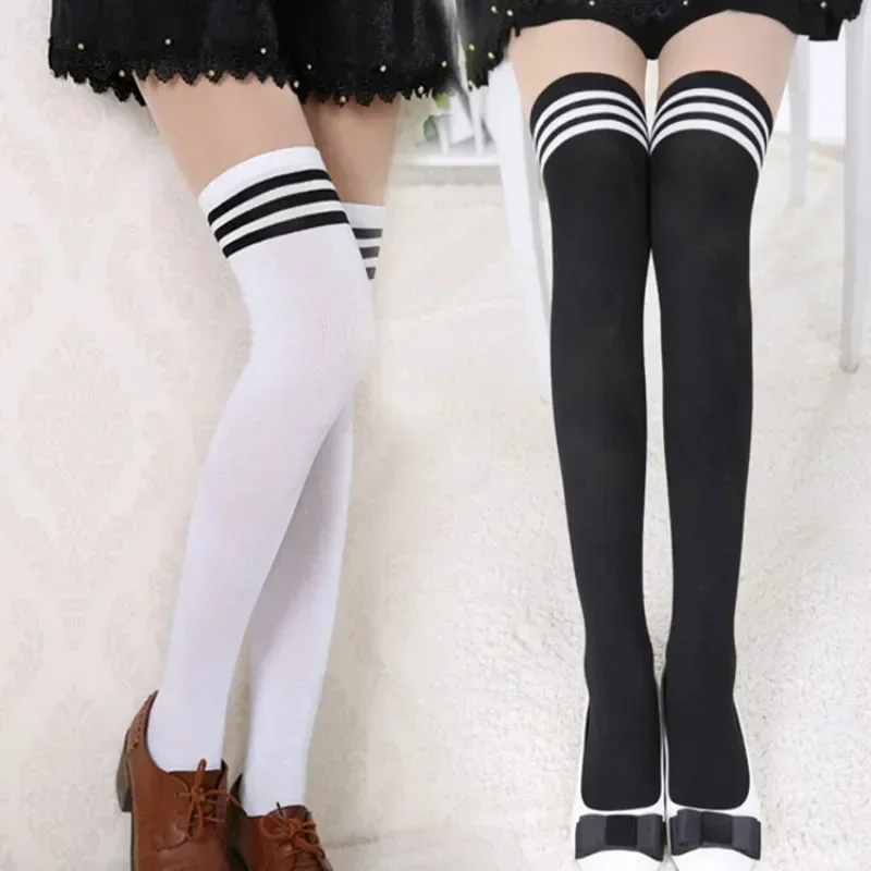 2024 Sexy Medias Black White Striped Long Socks Women Over Knee Thigh High Over The Knee Stockings Ladies Girls Warm Knee Socks