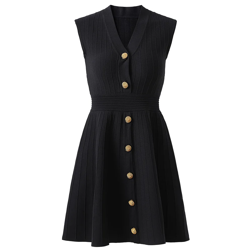 女性スリムフィットノースリーブベージュドレス V ネックシングルブレスト装飾オフィスレディースエレガントなミニドレス