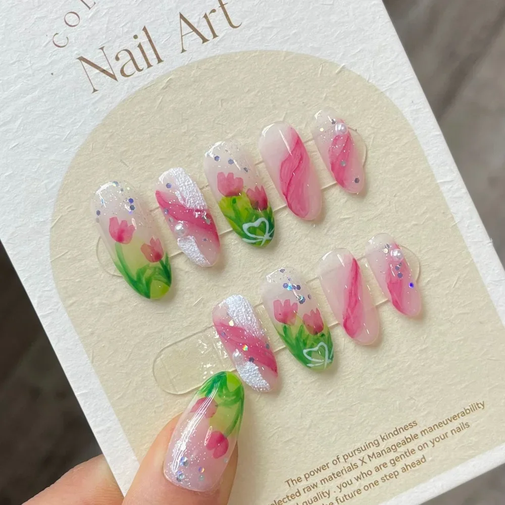 

Handmade Acrylic Coffin Press on Nail with 3D Design Full Cover Manicure with Butterfly Nail Art Reusable False Nail for Girls